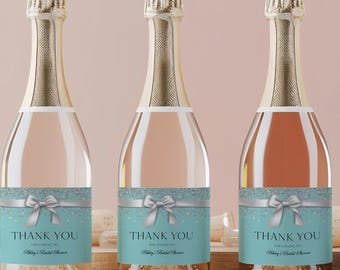 Bride & Co. Little White Bow Printable Champagne or Mini Wine Bottle Labels, Wedding or Shower Favors, Breakfast At, Aqua, Instant Download