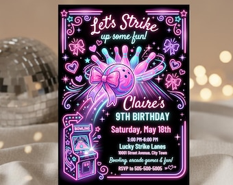 Let's Strike Bowling Party Birthday Invitation, Any Age, Girly Neon Glow Arcade Party, Digital Invite INSTANT DOWNLOAD Template