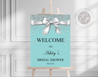 Bride & Co. Little White Bow Bridal Shower Welcome Sign, Aqua Blue, Diamonds, Breakfast At Inspired, Edit the text and Use for any Occasion