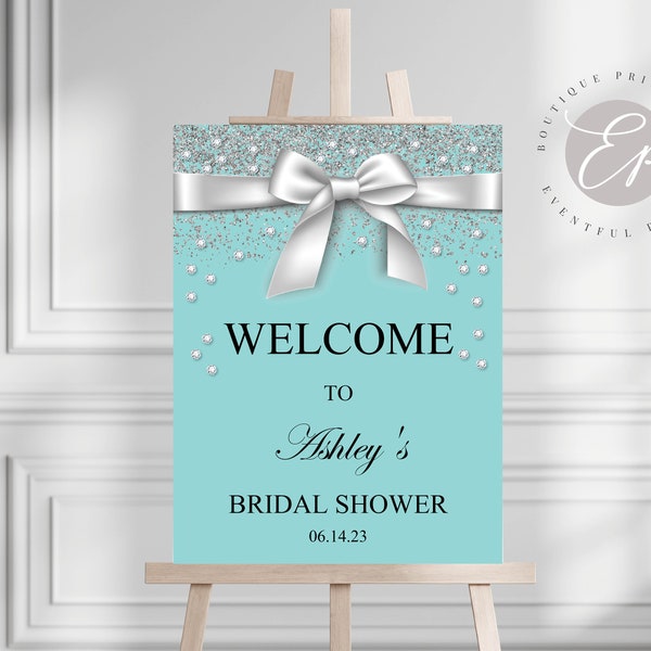 Bride & Co. Little White Bow Bridal Shower Welcome Sign, Aqua Blue, Diamonds, Breakfast At Inspired, Edit the text and Use for any Occasion