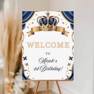 Royal Blue & Gold Prince Birthday Welcome Sign: Editable