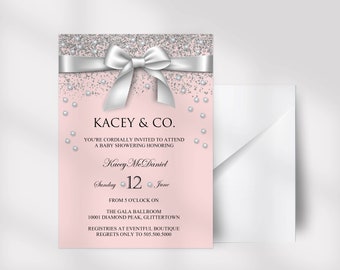 Blush Pink Baby & Co. Invitation, Silver, Diamonds, Little White Bow, Breakfast At Inspired Invite, Edit the text and Use for any Occasion