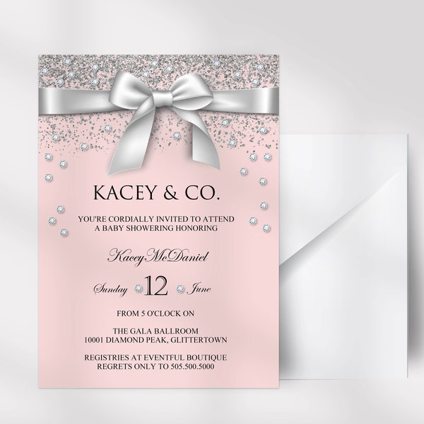 Blush Pink Baby & Co. Invitation, Silver, Diamonds, Little White Bow, Breakfast At Inspired Invite, Edit the text and Use for any Occasion