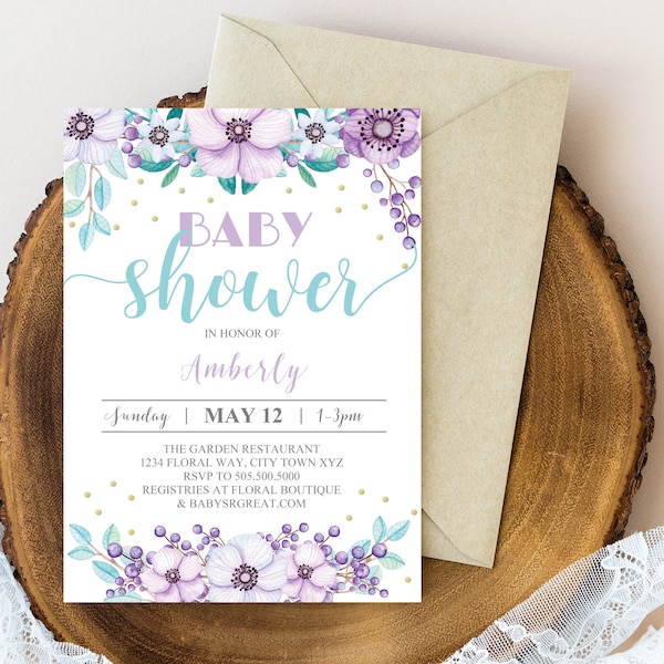 Purple Floral Baby Shower Invitation |  Boho Floral, Girl Baby Shower | Instant Download Editable Text PDF | Amberly Collection