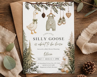 Silly Goose Baby Shower Invitation, Gender Neutral Woodland Invite Editable Canva Template Digital Download