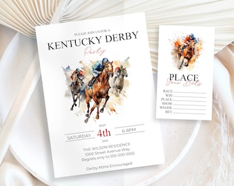 Watercolor Horse Race Party Invitation with Betting Cards (Instant Download)