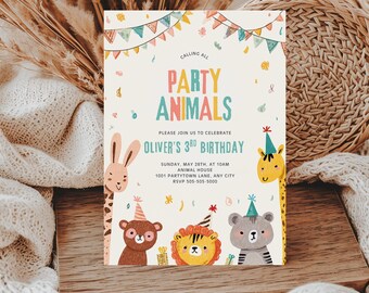 Party Animals Birthday Invitation, Colorful Birthday Digital Invite INSTANT DOWNLOAD Canva Template