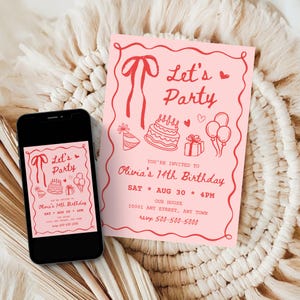 Faire-part d'anniversaire rose esthétique filles, invitation à une fête coquette dessinée à la main, modèle modifiable, fichier numérique à téléchargement immédiat