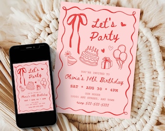 Faire-part d'anniversaire coquette rose : gribouillage dessiné à la main, modèle modifiable (fichier numérique)