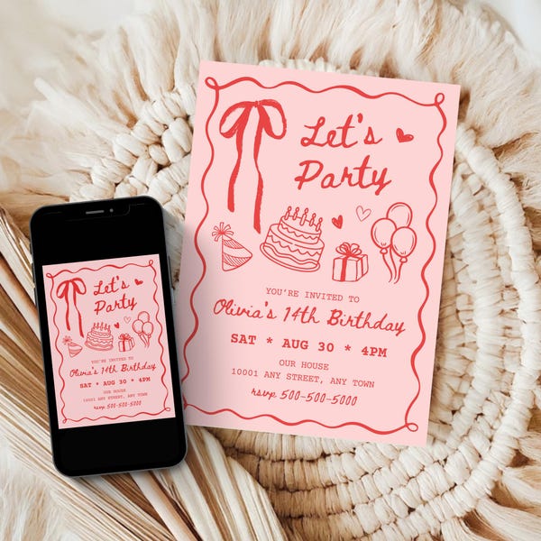 Pink Coquette Birthday Invitation: Hand-Drawn Doodle, Editable Template (Digital File)