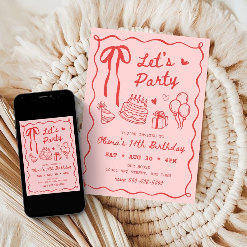 Peut inclure: Une invitation rose pour une f&ecirc;te d'anniversaire avec du texte et des illustrations rouges, dont un g&acirc;teau, des ballons et un cadeau. L'invitation indique "Let's Party" et comprend les d&eacute;tails de l'anniversaire des 14 ans d'Olivia.