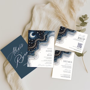 May include: A collection of wedding stationery featuring a celestial design. The invitation cards have a navy blue background with a crescent moon and stars. The RSVP and details cards complement the invitation with a similar design.