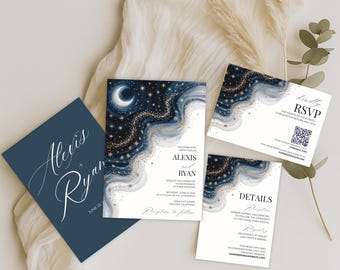 Celestial Wedding Invitation Suite: Moon & Stars Galaxy Design (Canva Template, Instant Download)