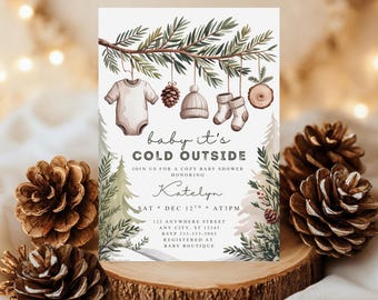 Winter Baby Shower Invitation Set: Cozy Evergreen Baby It's Cold Outside (Digital Download, Editable Canva Templates)