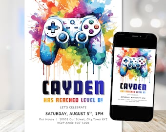 Invitación de cumpleaños para amantes de los videojuegos: mando de videojuegos, máquina recreativa retro, arcoíris neón (plantilla editable de Canva)