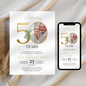 May include: Gold 50th anniversary invitation with a photo of a couple. The invitation is for Linda and David Wilson and is for a party on September 25th at 7-10pm at The Country Club Terrace. RSVP to Mary 505-500-5005.