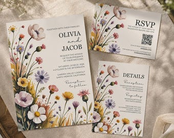 Wildflower Wedding Invitation Suite: Love in Bloom Boho Floral Design (Canva Templates, Instant Download)