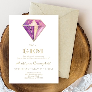 Gem Birthday Invitation: Purple Gemstone Party (Editable Text PDF)