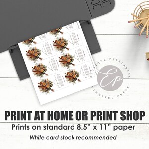 May include: A printer is shown printing a sheet of labels with a floral design featuring oranges and cinnamon sticks. The text on the labels is in a script font. The image also includes the text "PRINT AT HOME OR PRINT SHOP".