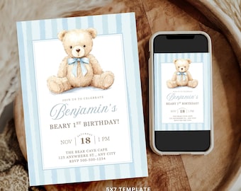 Beary First Birthday Invitation: Blue stripe teddy bear invitation editable Template (INSTANT DOWNLOAD)