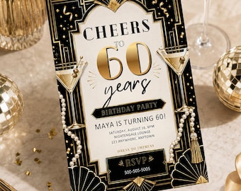 Invitación de cumpleaños Art Déco: ¡Brindemos por los 60 años o cualquier edad! Invitación digital con temática de El Gran Gatsby, plantilla editable de Canva.