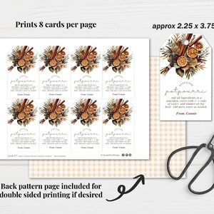 May include: A sheet of printable potpourri tags with a botanical design featuring cinnamon sticks and dried orange slices. The tags are approximately 2.25 x 3.75 inches. The text on the tags includes instructions and the name "Connie".