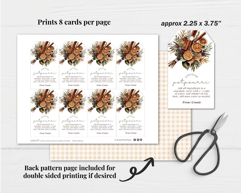 May include: A sheet of printable potpourri tags with a botanical design featuring cinnamon sticks and dried orange slices. The tags are approximately 2.25 x 3.75 inches. The text on the tags includes instructions and the name "Connie".