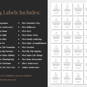 May include: A set of 24 white rectangular labels with black text, featuring various milestone titles like First Baby, First Pet, and First Anniversary. Each label includes a small icon, a descriptive paragraph, and a space for a date signature.