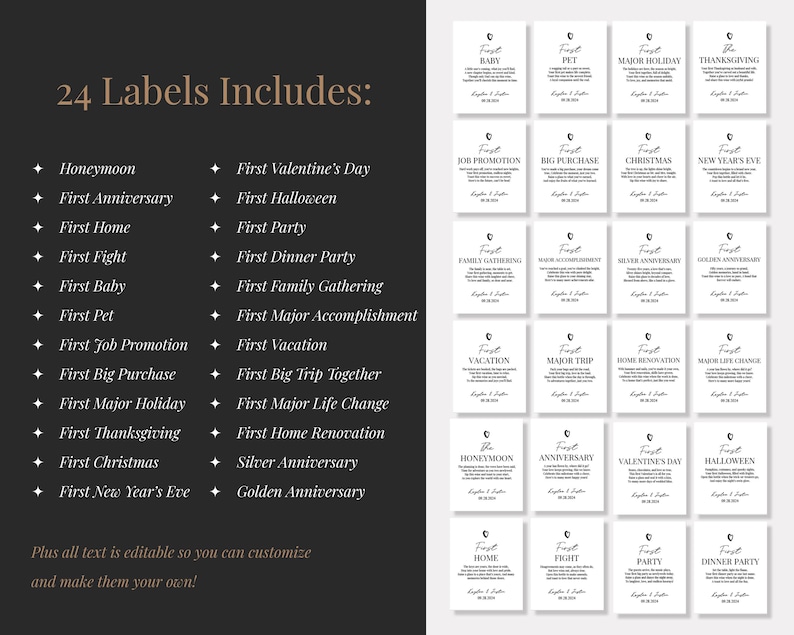 May include: A set of 24 white rectangular labels with black text, featuring various milestone titles like First Baby, First Pet, and First Anniversary. Each label includes a small icon, a descriptive paragraph, and a space for a date signature.