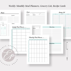 May include: Printable weekly and monthly meal planners, a grocery list, and recipe cards. The planners have a light blue and white color scheme.