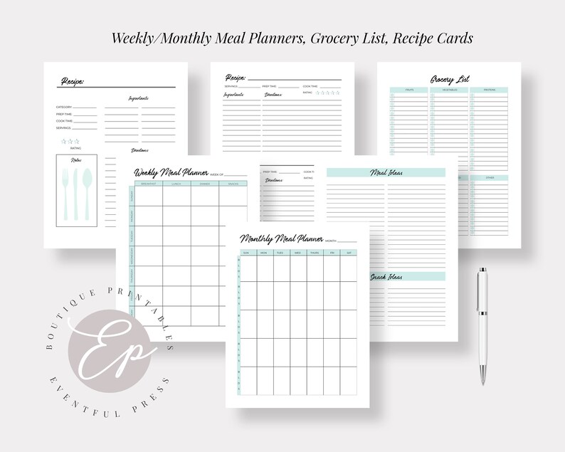 May include: Printable weekly and monthly meal planners, a grocery list, and recipe cards. The planners have a light blue and white color scheme.