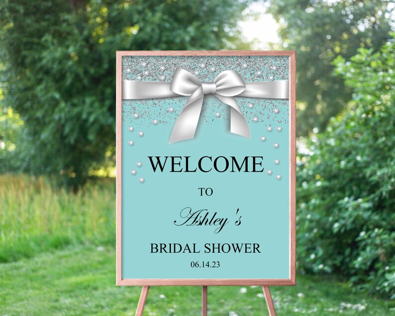 Bride & Co. Bridal Shower Welcome Sign: Aqua Blue Bow (Canva Template, Digital Download image 3