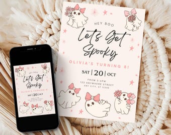 May include: A pink and white Halloween-themed invitation with the text "Hey Boo, Let's Get Spooky" and "Olivia's Turning 8!" The invitation features cartoon ghosts with pink bows and flowers. A smartphone displays the same design.