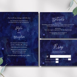 Conjunto de convites para casamento com tema "Noite Estrelada" | Casamento Celestial, Céu Noturno, Estrelas | Convite, RSVP, Detalhes | Modelos em PDF para DOWNLOAD INSTANTÂNEO