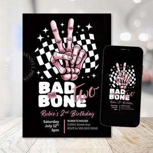 Bad TWO The Bone 2nd Birthday Party Invitation, Skeleton Peace Hand Invitation, Editable Template Flyer INSTANT DOWNLOAD Template