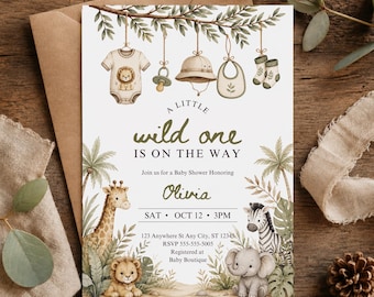 Safari Baby Shower Invitation: Gender Neutral Jungle Animals Baby Clothesline Digital Invite Editable Canva Template Digital Download