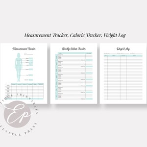 May include: Printable worksheet set for tracking measurements, calories, and weight. The set includes a body outline for recording measurements, a weekly calorie tracker, and a weight log.