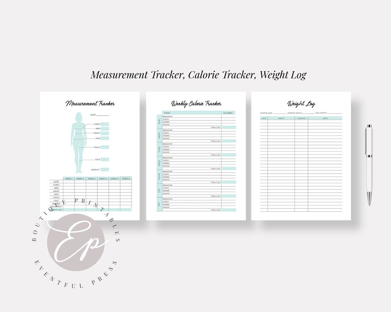 May include: Printable worksheet set for tracking measurements, calories, and weight. The set includes a body outline for recording measurements, a weekly calorie tracker, and a weight log.