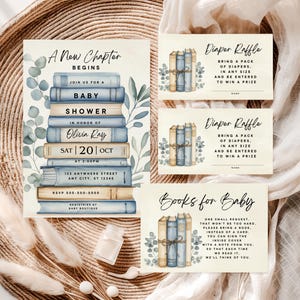 May include: Baby shower invitations and inserts with a book theme. The main invitation features a stack of blue and tan books with text that reads "A New Chapter Begins." Additional cards include "Diaper Raffle" and "Books for Baby."