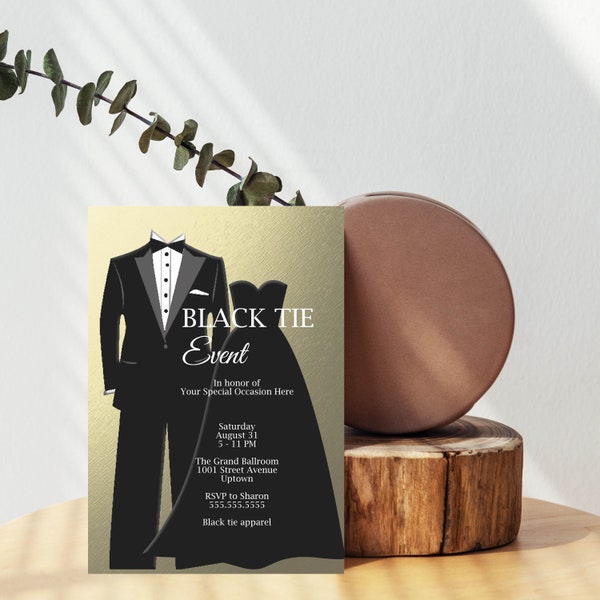 Black Tie Invitation | Black & Gold, Red Carpet Party, Hollywood Party, Red Carpet, Formal, Suit, Tie, Black Dress, Prom  | PDF Template