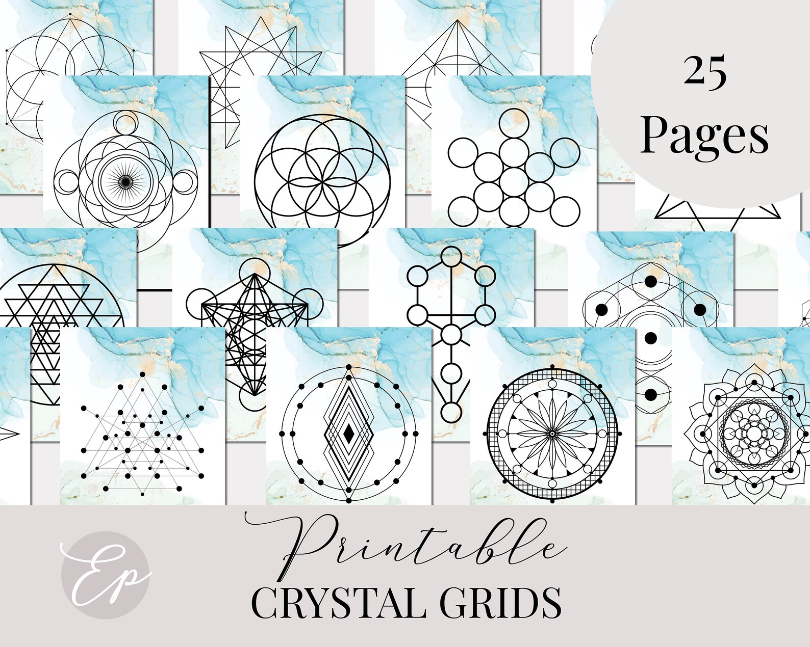 25 Printable Crystal Grid Templates Blue Green Sacred | Etsy