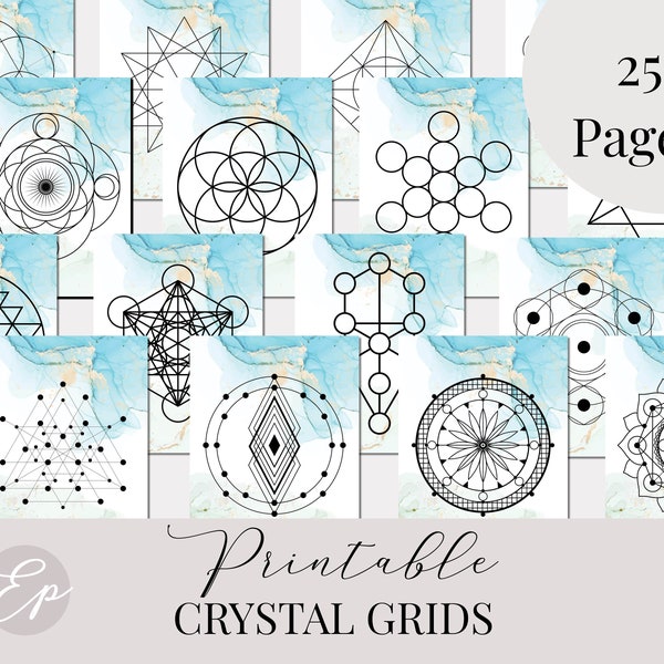 25 Printable Crystal Grid Templates | Blue Green, Sacred Geometry, Astrology, Crystal Healing, Manifestation Ritual, Magic | Digital PDF