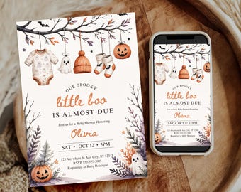 Halloween Baby Shower Invitation | Fall Pumpkins, Our Little Boo, Ghost Baby Clothes Invite | Editable Canva Template