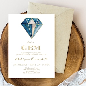 Aquamarine Gemstone Birthday Invitation: Blue & Gold Gem Party (Editable Text PDF)