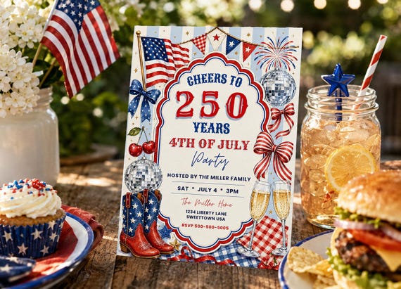 Cheers to 250 Years 4th of July Party Invitation: Patriotic Digital Invite Instant Download Editable Canva Template