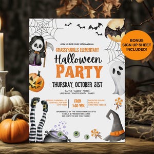 Watercolor Halloween Party Flyer AND Sign UP Sheet Halloween Trick or Treat Event Editable Flyer 8.5 x 11 Info Poster PDF Instant Download
