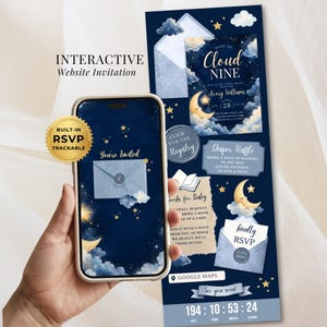 Mond & Sterne Duschen Einladung, interaktive Website Vorlage, geschlechtsneutrale Wolke neun Twinkle Twinkle, bearbeitbare Canva digitaler Download