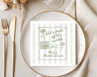 Servilletas recién salidas del mercado, servilletas para almuerzo o cena de despedida de soltera con productos del mercado de agricultores