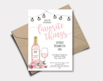 May include: Pink and white invitation with the text "Join us for an evening of favorite things" and details for a party on December 15th at 6pm. The invitation features a bottle of pink wine, a glass of wine, and a string of lights.