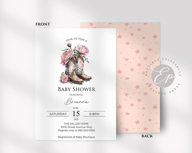 Country Cowgirl Baby Shower Invitation Template, Watercolor Pink ...